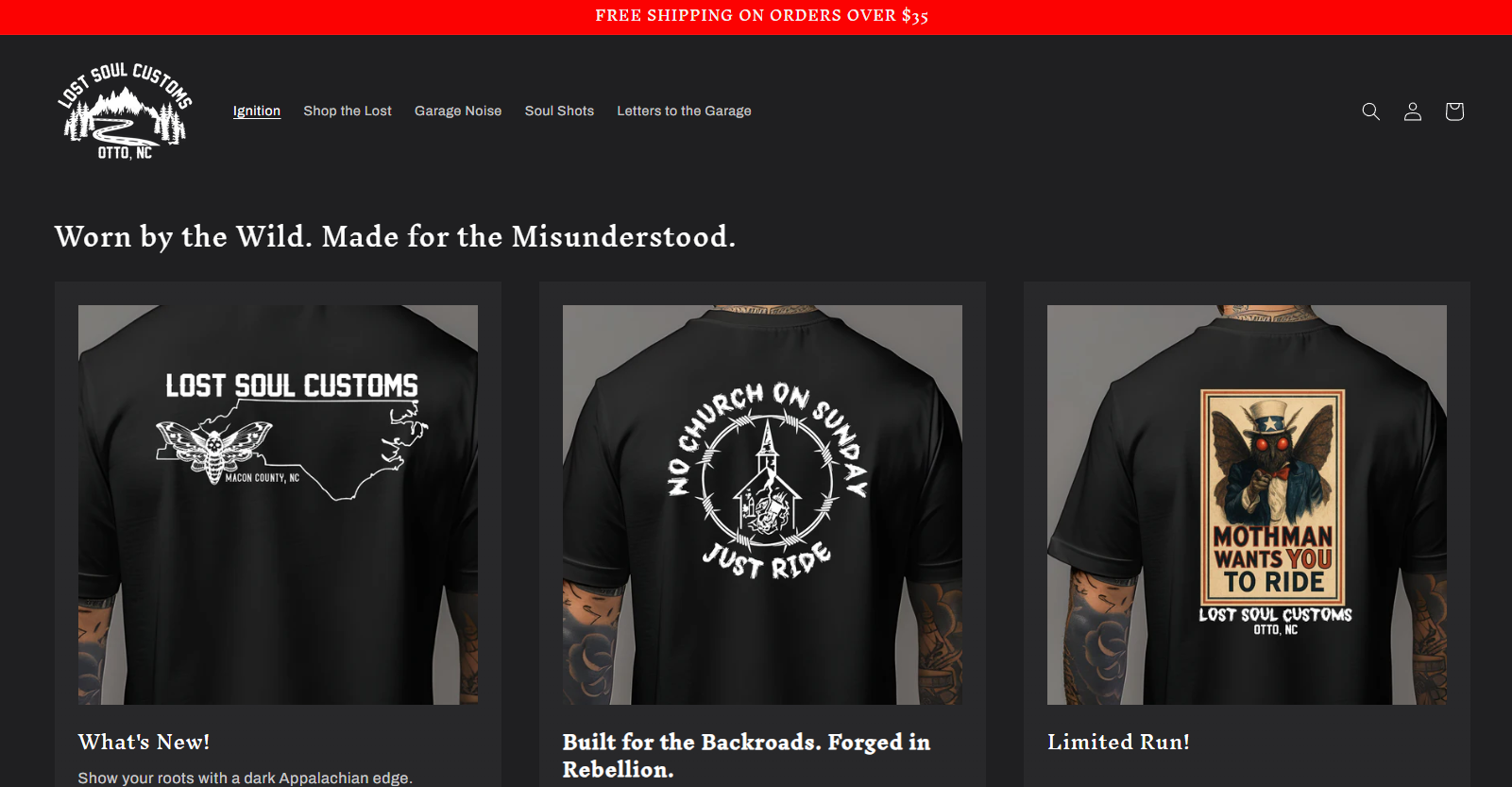 Black t-shirts with text and graphics on a Lost Soul Customs website page.